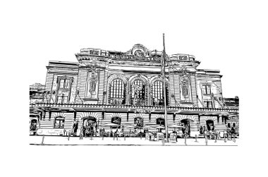 Denver manzaralı Print Building Colorado 'da bir şehirdir. Vektörde elle çizilmiş çizim çizimi.