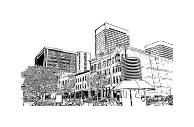 Denver manzaralı Print Building Colorado 'da bir şehirdir. Vektörde elle çizilmiş çizim çizimi.