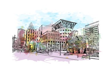 Denver manzaralı Print Building Colorado 'da bir şehirdir. Vektör içinde elle çizilmiş çizim eşkali ile suluboya sıçraması.