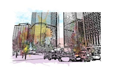 Denver manzaralı Print Building Colorado 'da bir şehirdir. Vektör içinde elle çizilmiş çizim eşkali ile suluboya sıçraması.