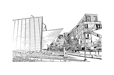 Denver manzaralı Print Building Colorado 'da bir şehirdir. Vektörde elle çizilmiş çizim çizimi.