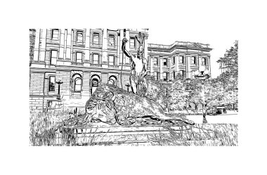 Denver manzaralı Print Building Colorado 'da bir şehirdir. Vektörde elle çizilmiş çizim çizimi.