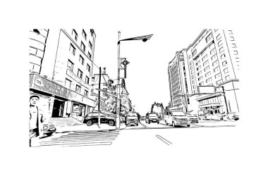 Dandong 'un simgesi olan Print Building Manzarası Çin' de bir şehirdir. Vektörde elle çizilmiş çizim çizimi.