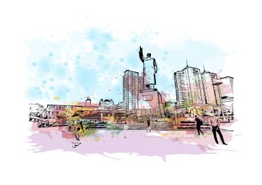 Dandong 'un simgesi olan Print Building Manzarası Çin' de bir şehirdir. Vektör içinde elle çizilmiş çizim eşkali ile suluboya sıçraması.