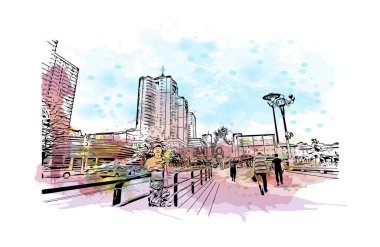 Dandong 'un simgesi olan Print Building Manzarası Çin' de bir şehirdir. Vektör içinde elle çizilmiş çizim eşkali ile suluboya sıçraması.