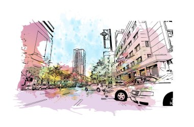 Dandong 'un simgesi olan Print Building Manzarası Çin' de bir şehirdir. Vektör içinde elle çizilmiş çizim eşkali ile suluboya sıçraması.