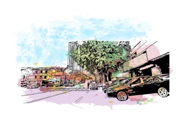 Dandong 'un simgesi olan Print Building Manzarası Çin' de bir şehirdir. Vektör içinde elle çizilmiş çizim eşkali ile suluboya sıçraması.