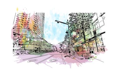 Dandong 'un simgesi olan Print Building Manzarası Çin' de bir şehirdir. Vektör içinde elle çizilmiş çizim eşkali ile suluboya sıçraması.