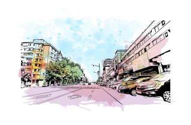 Dandong 'un simgesi olan Print Building Manzarası Çin' de bir şehirdir. Vektör içinde elle çizilmiş çizim eşkali ile suluboya sıçraması.