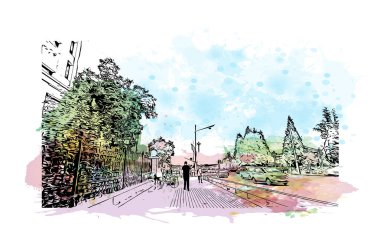 Dandong 'un simgesi olan Print Building Manzarası Çin' de bir şehirdir. Vektör içinde elle çizilmiş çizim eşkali ile suluboya sıçraması.