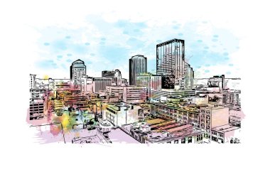Print Building view with landmark of Dayton is a city in western Ohio. Watercolour splash with hand drawn sketch illustration in vector.