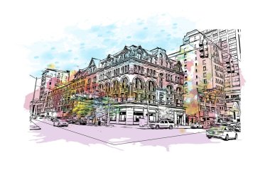 Print Building view with landmark of Dayton is a city in western Ohio. Watercolour splash with hand drawn sketch illustration in vector.
