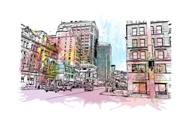 Print Building view with landmark of Dayton is a city in western Ohio. Watercolour splash with hand drawn sketch illustration in vector.