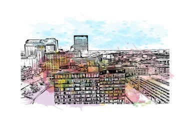 Print Building view with landmark of Dayton is a city in western Ohio. Watercolour splash with hand drawn sketch illustration in vector.