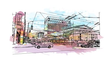 Print Building view with landmark of Dayton is a city in western Ohio. Watercolour splash with hand drawn sketch illustration in vector.