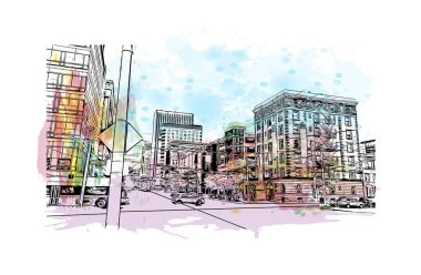 Print Building view with landmark of Dayton is a city in western Ohio. Watercolour splash with hand drawn sketch illustration in vector.