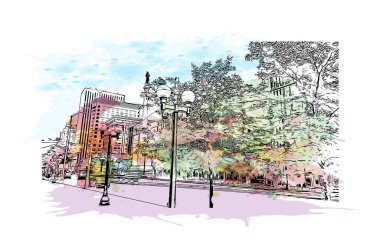 Print Building view with landmark of Dayton is a city in western Ohio. Watercolour splash with hand drawn sketch illustration in vector.