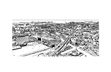 Dayton 'un simgesi olan Print Building View batı Ohio' da bir şehirdir. Vektörde elle çizilmiş çizim çizimi.