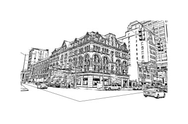 Dayton 'un simgesi olan Print Building View batı Ohio' da bir şehirdir. Vektörde elle çizilmiş çizim çizimi.