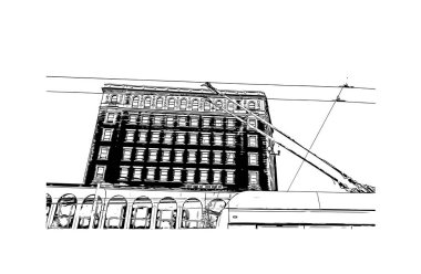 Dayton 'un simgesi olan Print Building View batı Ohio' da bir şehirdir. Vektörde elle çizilmiş çizim çizimi.