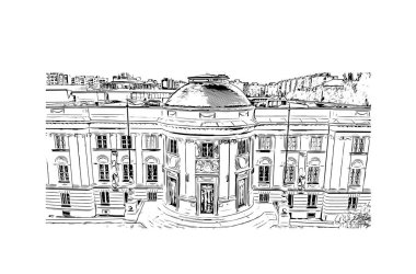 Print Building view with landmark of Debrecen, Macaristan 'ın başkentidir. Vektörde elle çizilmiş çizim çizimi.