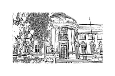 Print Building view with landmark of Debrecen, Macaristan 'ın başkentidir. Vektörde elle çizilmiş çizim çizimi.