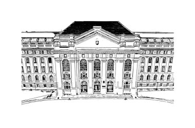 Print Building view with landmark of Debrecen, Macaristan 'ın başkentidir. Vektörde elle çizilmiş çizim çizimi.