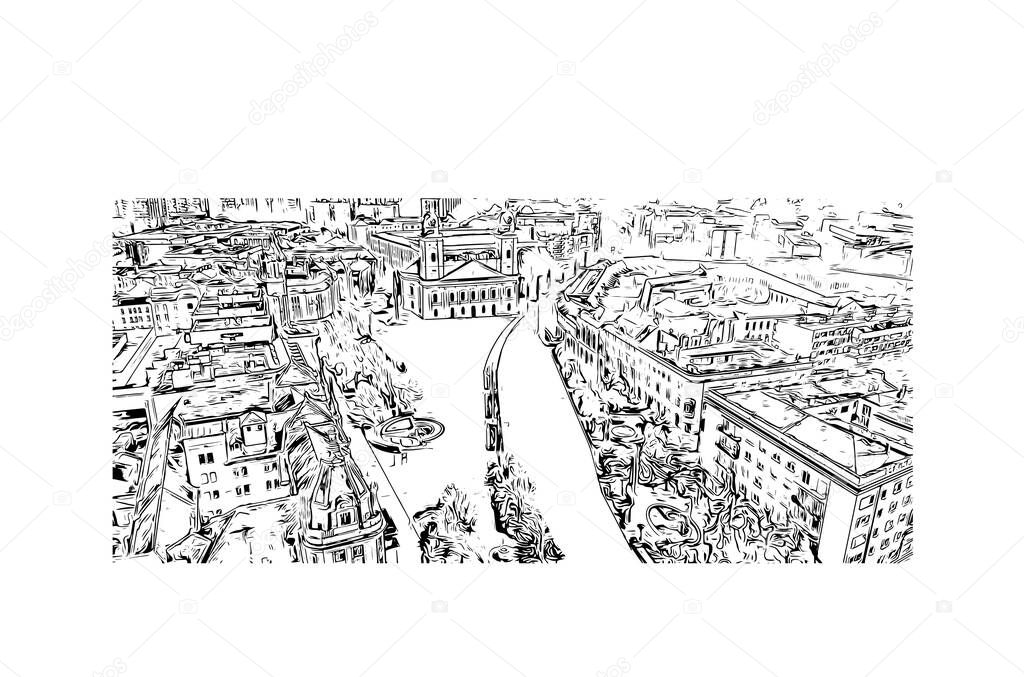 Print Building view with landmark of Debrecen is the capital of Hungary. Hand drawn sketch illustration in vector.