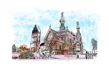 Print  Building view with landmark of Darmstadt is the city in Germany. Watercolour splash with hand drawn sketch illustration in vector