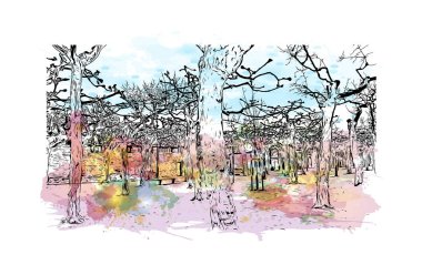 Print  Building view with landmark of Darmstadt is the city in Germany. Watercolour splash with hand drawn sketch illustration in vector