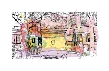 Print  Building view with landmark of Darmstadt is the city in Germany. Watercolour splash with hand drawn sketch illustration in vector