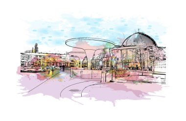 Print  Building view with landmark of Darmstadt is the city in Germany. Watercolour splash with hand drawn sketch illustration in vector