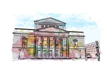 Print Building view, Almanya 'da Frankfurt eyaletinde yer alan bir şehirdir. Vektör içinde elle çizilmiş çizim eşkali ile suluboya sıçraması.