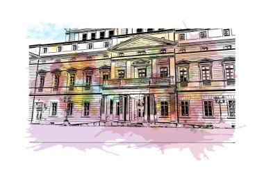 Print Building view, Almanya 'da Frankfurt eyaletinde yer alan bir şehirdir. Vektör içinde elle çizilmiş çizim eşkali ile suluboya sıçraması.