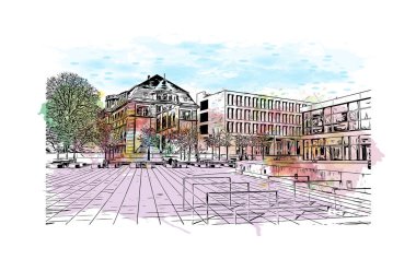 Print Building view, Almanya 'da Frankfurt eyaletinde yer alan bir şehirdir. Vektör içinde elle çizilmiş çizim eşkali ile suluboya sıçraması.