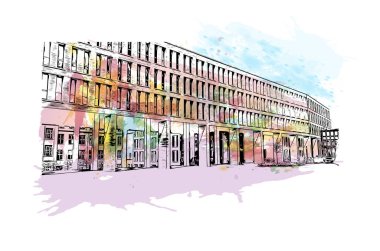 Print Building view, Almanya 'da Frankfurt eyaletinde yer alan bir şehirdir. Vektör içinde elle çizilmiş çizim eşkali ile suluboya sıçraması.