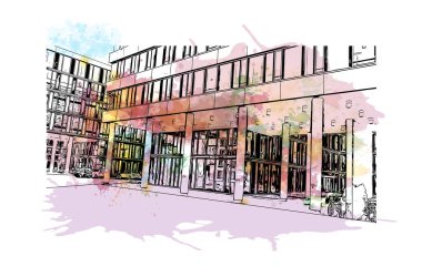 Print Building view, Almanya 'da Frankfurt eyaletinde yer alan bir şehirdir. Vektör içinde elle çizilmiş çizim eşkali ile suluboya sıçraması.