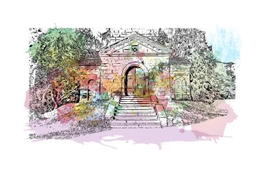 Print Building view, Almanya 'da Frankfurt eyaletinde yer alan bir şehirdir. Vektör içinde elle çizilmiş çizim eşkali ile suluboya sıçraması.