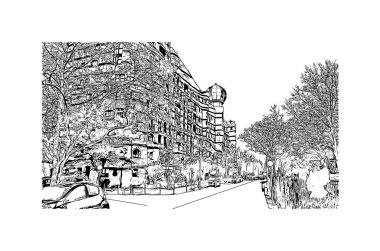 Print Building view, Almanya 'da Frankfurt eyaletinde yer alan bir şehirdir. Vektörde elle çizilmiş çizim çizimi.