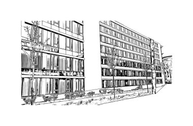 Print Building view, Almanya 'da Frankfurt eyaletinde yer alan bir şehirdir. Vektörde elle çizilmiş çizim çizimi.