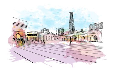 Print Building view with landmark of Dhaka, Bangladeş 'in başkentidir. Vektör içinde elle çizilmiş çizim eşkali ile suluboya sıçraması.