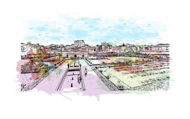 Print Building view with landmark of Dhaka, Bangladeş 'in başkentidir. Vektör içinde elle çizilmiş çizim eşkali ile suluboya sıçraması.