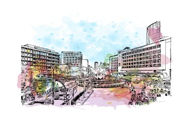 Print Building view with landmark of Dhaka, Bangladeş 'in başkentidir. Vektör içinde elle çizilmiş çizim eşkali ile suluboya sıçraması.