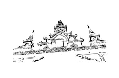 Print Building view with landmark of Dhaka, Bangladeş 'in başkentidir. Vektörde elle çizilmiş çizim çizimi.