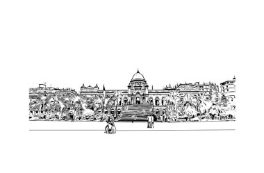 Print Building view with landmark of Dhaka, Bangladeş 'in başkentidir. Vektörde elle çizilmiş çizim çizimi.