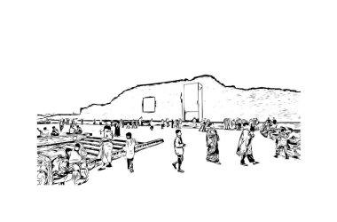 Print Building view with landmark of Dhaka, Bangladeş 'in başkentidir. Vektörde elle çizilmiş çizim çizimi.