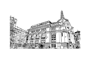 Print Building view with landmark of Dijon is the commune in France. Vektörde elle çizilmiş çizim çizimi.