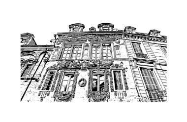 Print Building view with landmark of Dijon is the commune in France. Vektörde elle çizilmiş çizim çizimi.