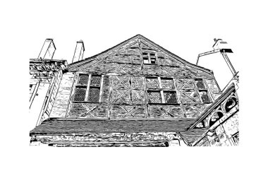 Print Building view with landmark of Dijon is the commune in France. Vektörde elle çizilmiş çizim çizimi.