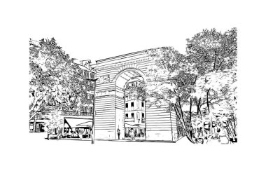 Print Building view with landmark of Dijon is the commune in France. Vektörde elle çizilmiş çizim çizimi.